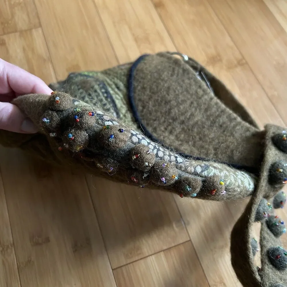 Rising Tide Wool Felted Shoulder Bag Purse Olive Green Artsy Handmade Zipper